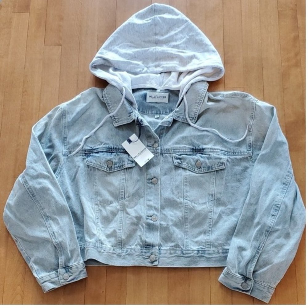 Juniors Wallflower Big Dreamer Crop Jean Jacket w/ Fleece Hood Size 3X NWT